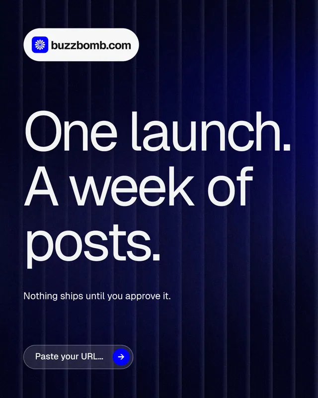 Instagram portrait post for BuzzBomb: "One launch. A week of posts." Agentic glass style, announce layout, dark palette in black, blue, grey.