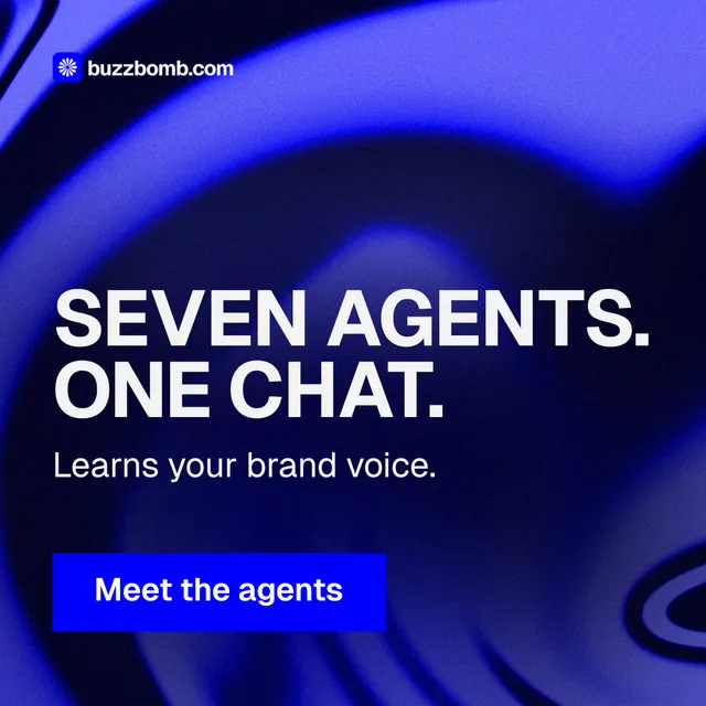 Instagram post for BuzzBomb: "Seven agents. One chat." Swiss style, skeleton layout, dark palette in black, blue.