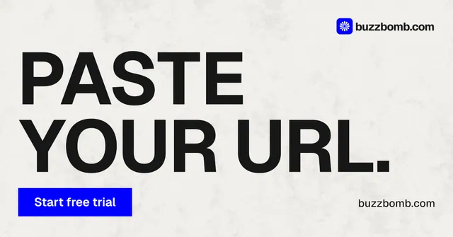 Social ad for BuzzBomb: "Paste your URL." Swiss style, poster layout, light palette in white, blue.