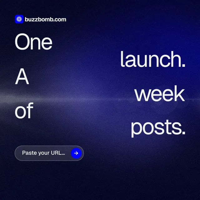 Instagram post for BuzzBomb: "One launch. A week of posts." Agentic glass style, stacked layout, dark palette in black, blue.