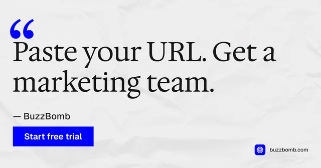Social ad for BuzzBomb: "Paste your URL." Swiss style, quote layout, light palette in white, blue.