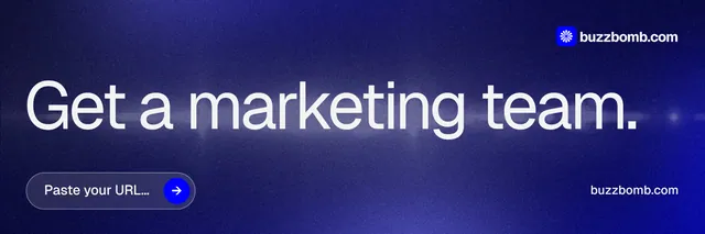 X header for BuzzBomb: "Get a marketing team." Agentic glass style, poster layout, dark palette in blue, grey.