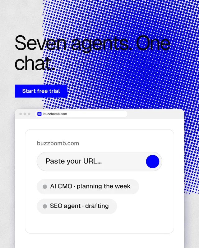 Instagram portrait post for BuzzBomb: "Seven agents. One chat." Swiss style, browser layout, light palette in blue, white.