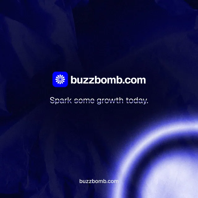Instagram post for BuzzBomb: "Spark some growth today." Agentic glass style, end card layout, dark palette in black, blue.