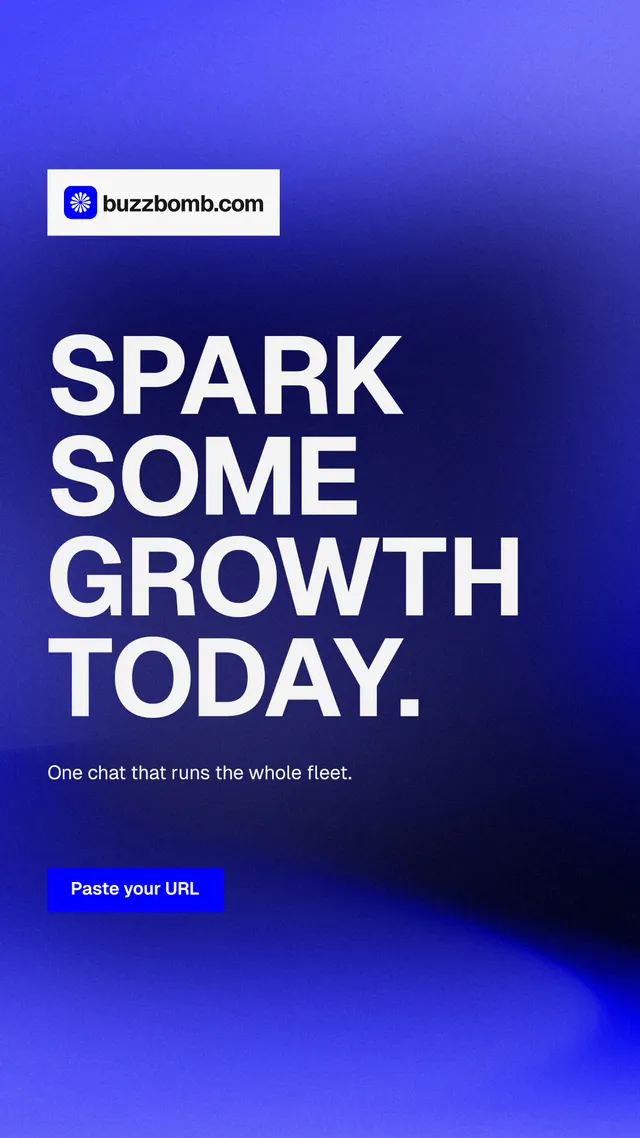 Instagram story for BuzzBomb: "Spark some growth today." Swiss style, announce layout, dark palette in blue.