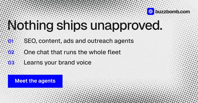 Social ad for BuzzBomb: "Nothing ships unapproved." Swiss style, numbered layout, light palette in grey, white, blue.
