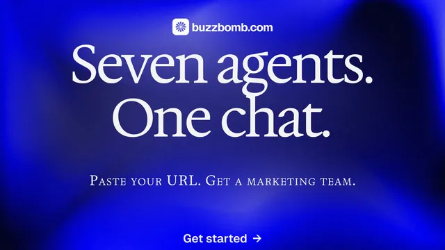 Landscape graphic for BuzzBomb: "Seven agents. One chat." Agentic glass style, smallcaps layout, dark palette in blue.