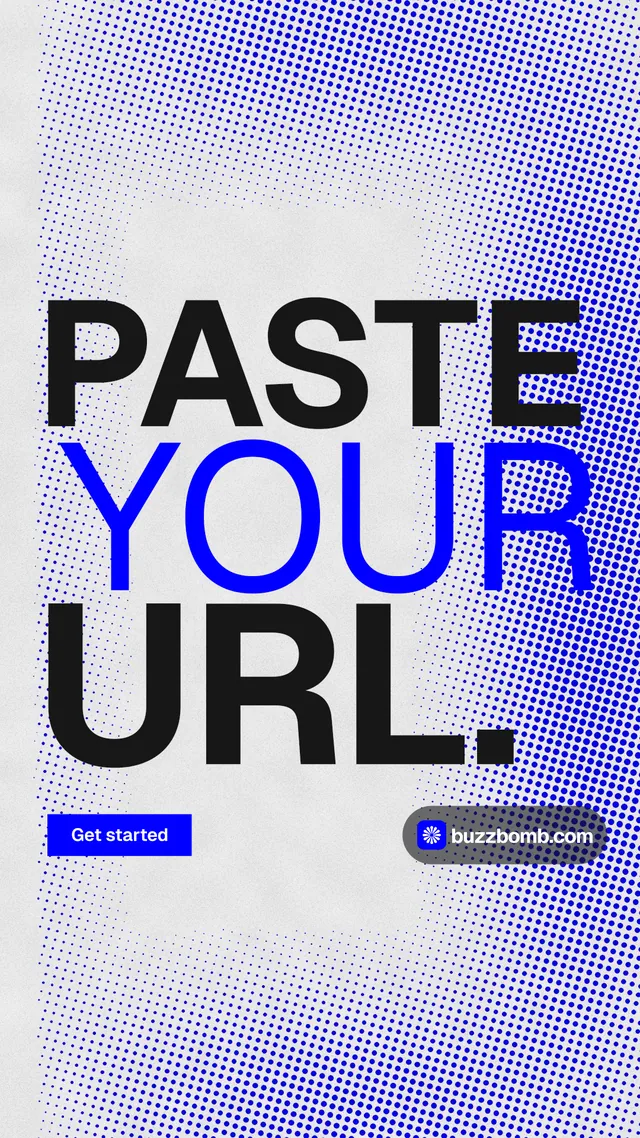 Instagram story for BuzzBomb: "Paste your URL." Swiss style, stacked layout, light palette in blue, white.