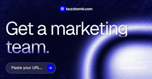 Social ad for BuzzBomb: "Get a marketing team." Agentic glass style, poster layout, dark palette in blue, black.