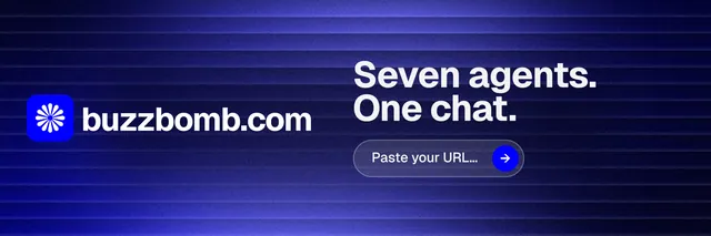 X header for BuzzBomb: "Seven agents. One chat." Agentic glass style, logo hero layout, dark palette in blue.