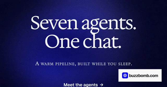 Social ad for BuzzBomb: "Seven agents. One chat." Swiss style, smallcaps layout, dark palette in blue, black.