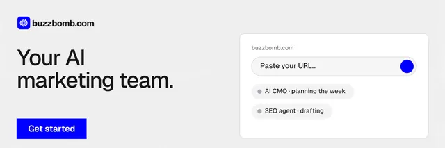 X header for BuzzBomb: "Your AI marketing team." Swiss style, bottom layout, light palette in white, blue.