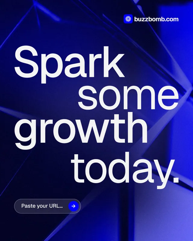 Instagram portrait post for BuzzBomb: "Spark some growth today." Agentic glass style, stacked layout, dark palette in black, blue.