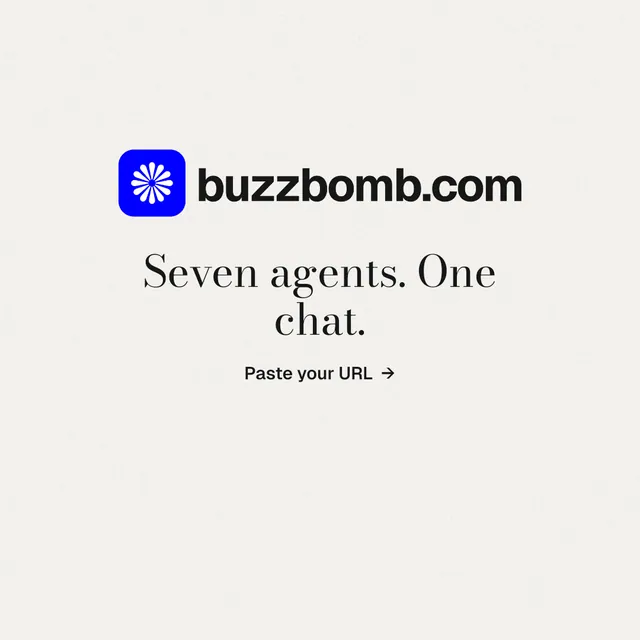 Instagram post for BuzzBomb: "Seven agents. One chat." Minimal luxury style, logo hero layout, light palette in white, grey.