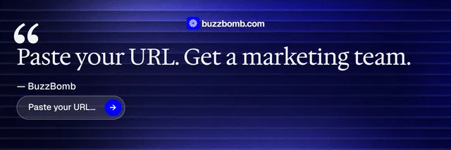 X header for BuzzBomb: "Spark some growth today." Agentic glass style, quote layout, dark palette in black, blue.