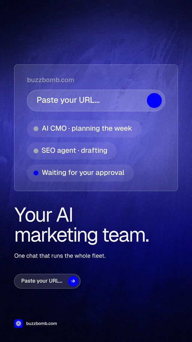 Instagram story for BuzzBomb: "Your AI marketing team." Agentic glass style, bottom layout, dark palette in black, blue.