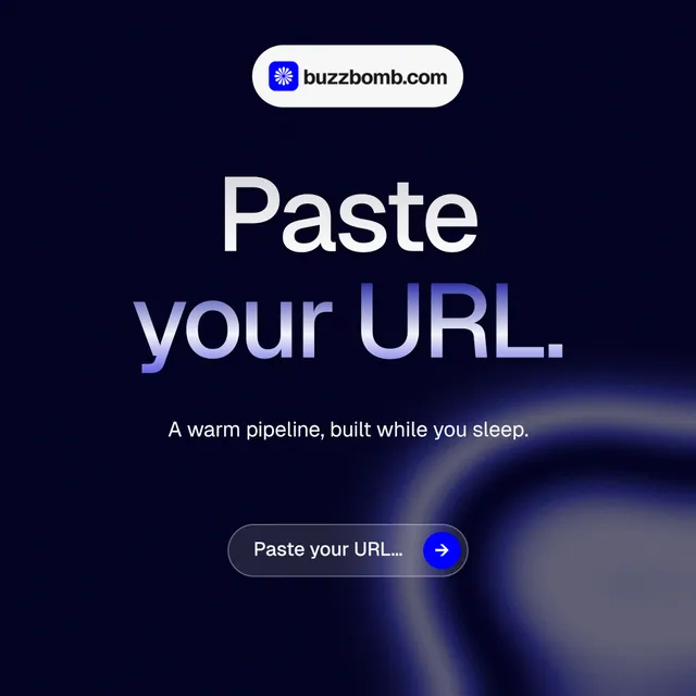 Instagram post for BuzzBomb: "Paste your URL." Agentic glass style, centred layout, dark palette in black, blue.