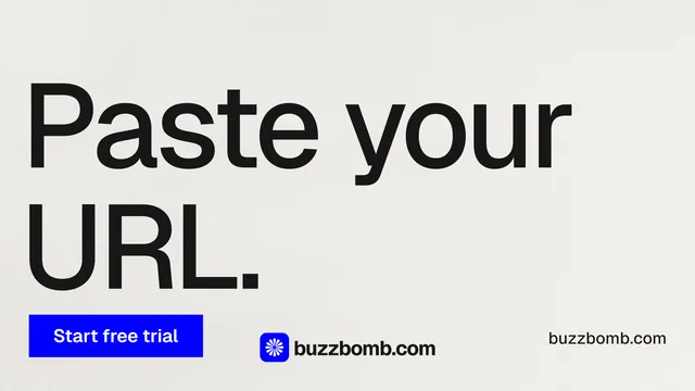 Landscape graphic for BuzzBomb: "Paste your URL." Swiss style, poster layout, light palette in white, grey.