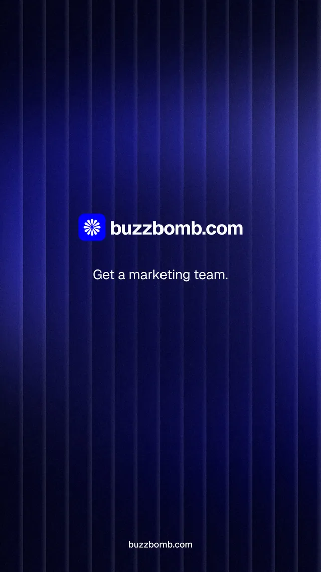 Instagram story for BuzzBomb: "Get a marketing team." Agentic glass style, end card layout, dark palette in black, blue.