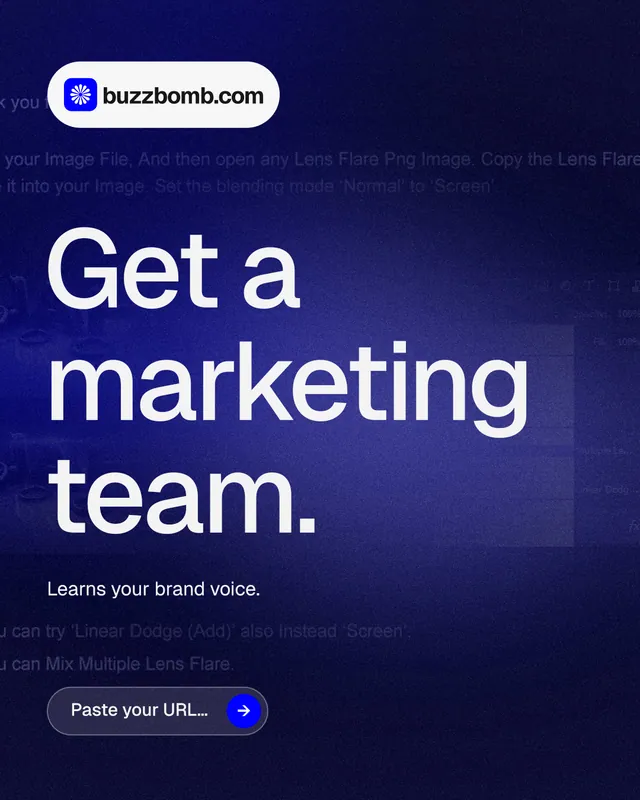 Instagram portrait post for BuzzBomb: "Get a marketing team." Agentic glass style, announce layout, dark palette in blue.