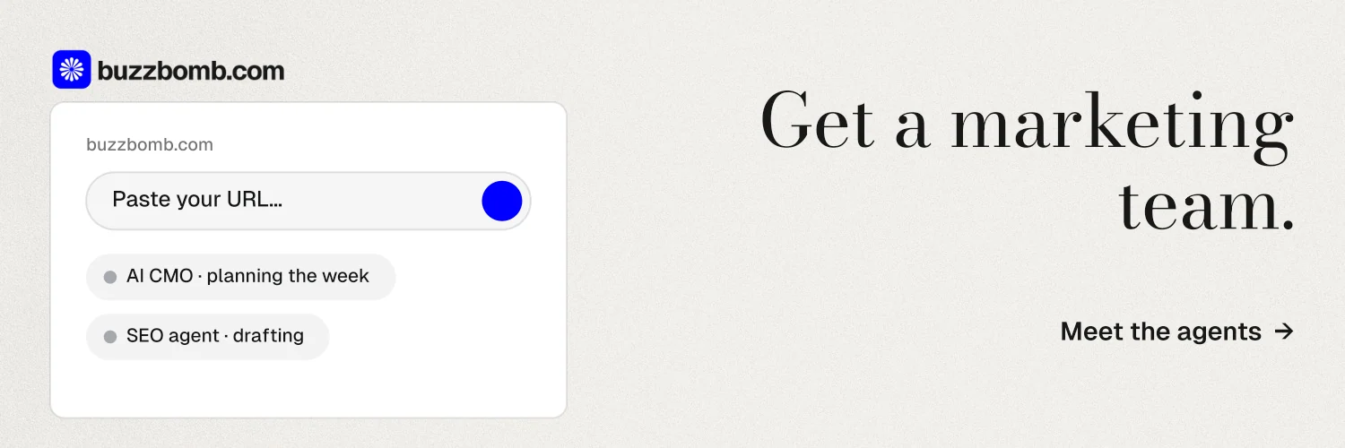 X header for BuzzBomb: "Get a marketing team." Minimal luxury style, right layout, light palette in white, grey.