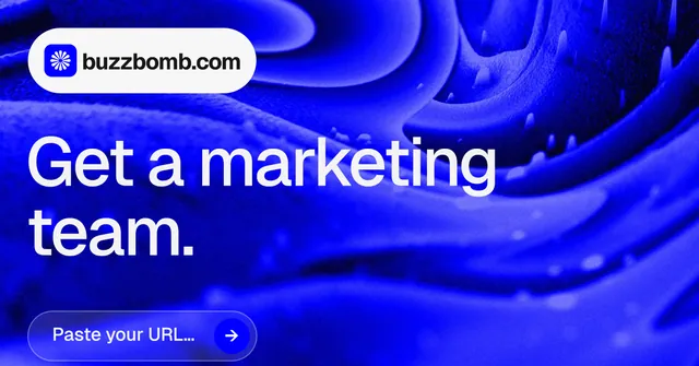 Social ad for BuzzBomb: "Get a marketing team." Agentic glass style, announce layout, dark palette in blue.