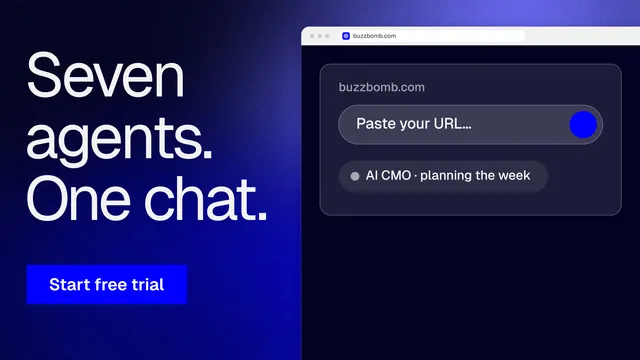 Landscape graphic for BuzzBomb: "Seven agents. One chat." Swiss style, browser layout, dark palette in black, blue.
