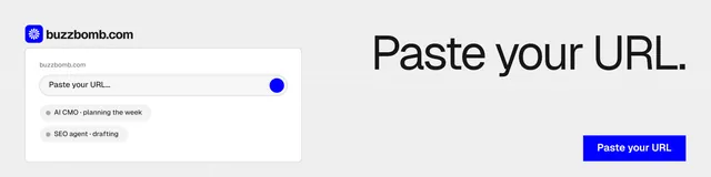 LinkedIn banner for BuzzBomb: "Paste your URL." Swiss style, right layout, light palette in white, blue.