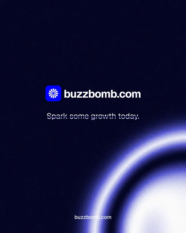 Instagram portrait post for BuzzBomb: "Spark some growth today." Agentic glass style, end card layout, dark palette in black, blue.