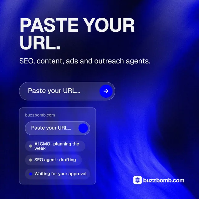 Instagram post for BuzzBomb: "Paste your URL." Agentic glass style, skeleton layout, dark palette in blue.