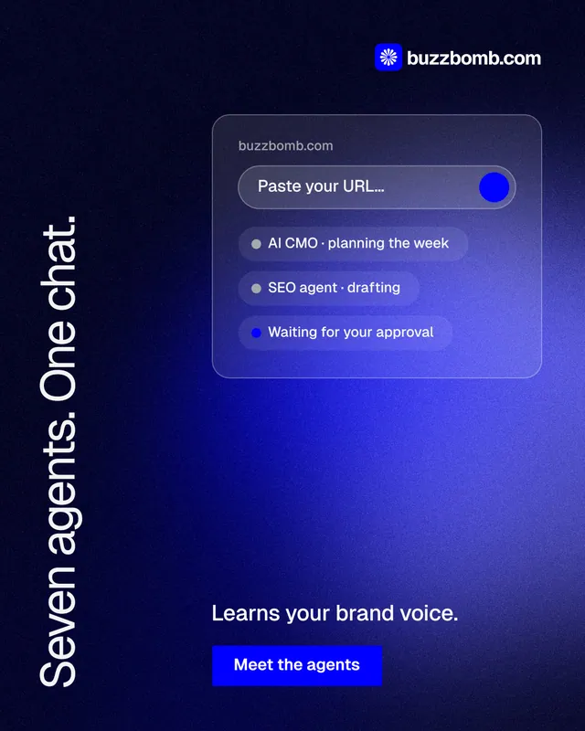 Instagram portrait post for BuzzBomb: "Seven agents. One chat." Swiss style, vertical layout, dark palette in blue, black.