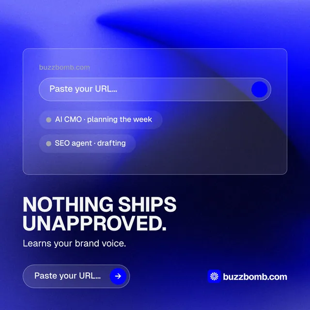 Instagram post for BuzzBomb: "Nothing ships unapproved." Agentic glass style, bottom layout, dark palette in blue.
