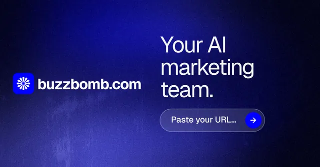 Social ad for BuzzBomb: "Your AI marketing team." Agentic glass style, logo hero layout, dark palette in black, blue.