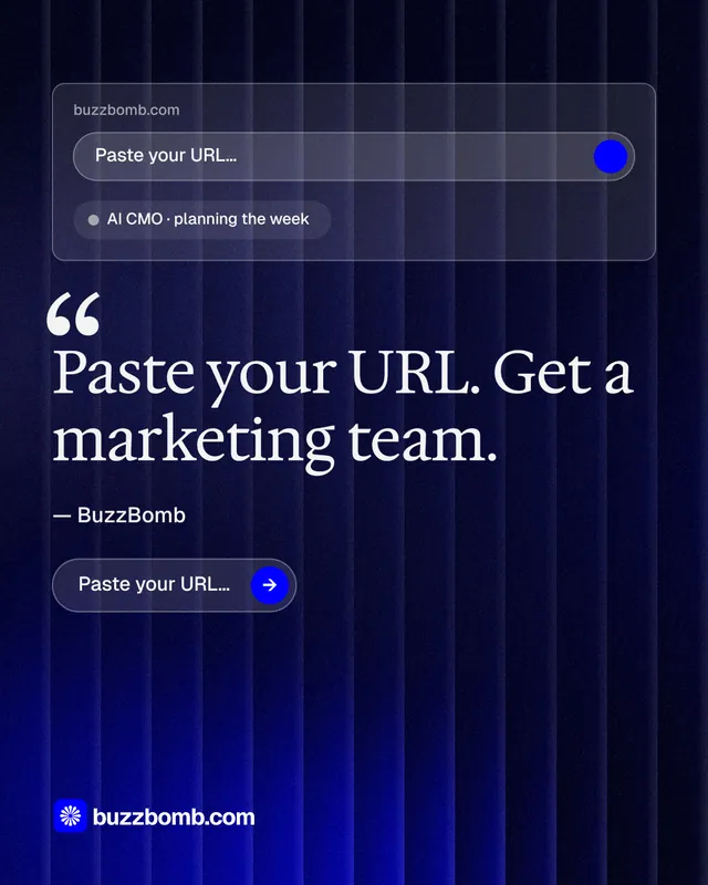 Instagram portrait post for BuzzBomb: "Your AI marketing team." Agentic glass style, quote layout, dark palette in black, blue, grey.