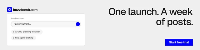 LinkedIn banner for BuzzBomb: "One launch. A week of posts." Swiss style, right layout, light palette in white.