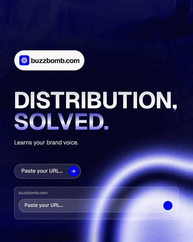 Instagram portrait post for BuzzBomb: "Distribution, solved." Agentic glass style, announce layout, dark palette in black, blue.