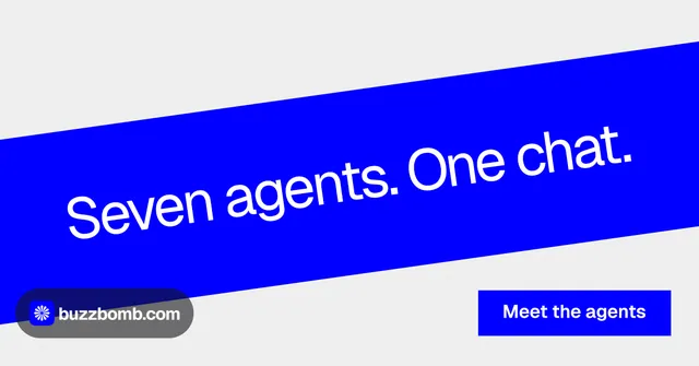 Social ad for BuzzBomb: "Seven agents. One chat." Swiss style, diagonal layout, light palette in blue, white.