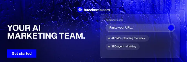 X header for BuzzBomb: "Your AI marketing team." Swiss style, bottom layout, dark palette in blue.