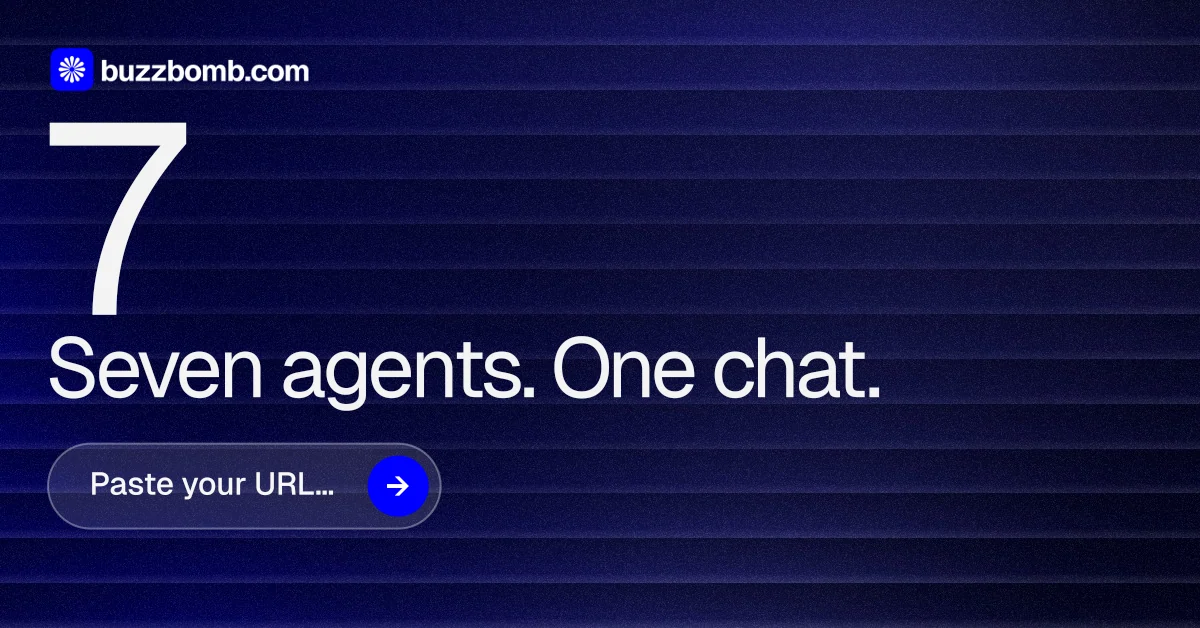 Social ad for BuzzBomb: "Seven agents. One chat." Agentic glass style, stat layout, dark palette in blue, black.
