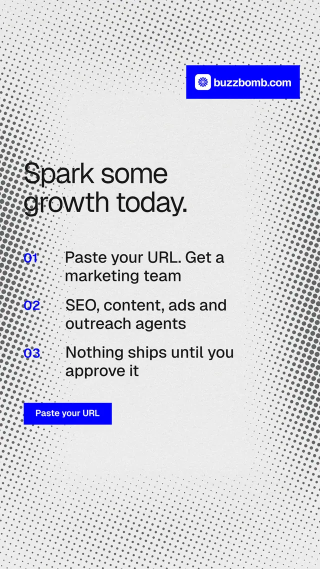 Instagram story for BuzzBomb: "Spark some growth today." Split block style, numbered layout, light palette in white, blue.