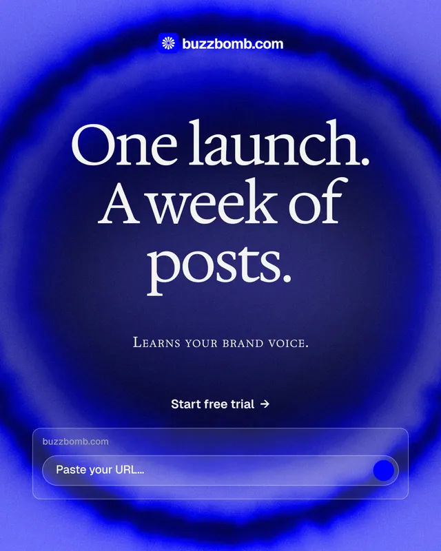 Instagram portrait post for BuzzBomb: "One launch. A week of posts." Agentic glass style, smallcaps layout, dark palette in blue.