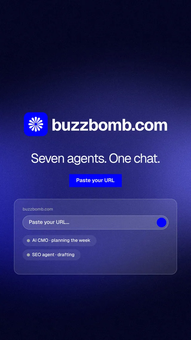 Instagram story for BuzzBomb: "Seven agents. One chat." Swiss style, logo hero layout, dark palette in black, blue.