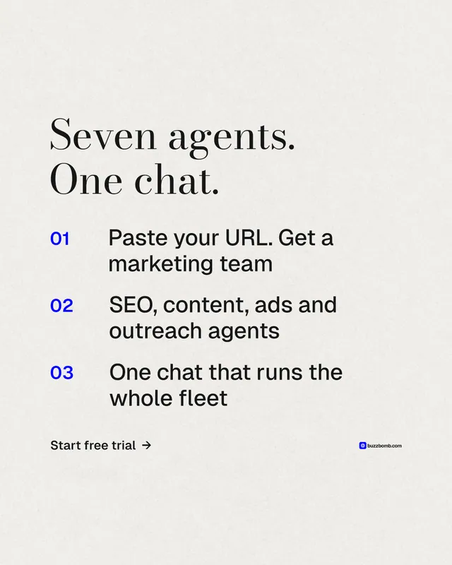 Instagram portrait post for BuzzBomb: "Seven agents. One chat." Minimal luxury style, numbered layout, light palette in white.