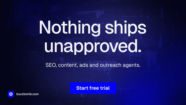 Landscape graphic for BuzzBomb: "Nothing ships unapproved." Swiss style, centred layout, dark palette in black, blue.