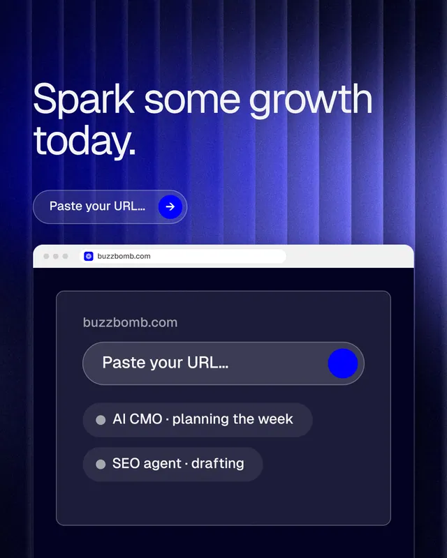 Instagram portrait post for BuzzBomb: "Spark some growth today." Agentic glass style, browser layout, dark palette in blue, black.