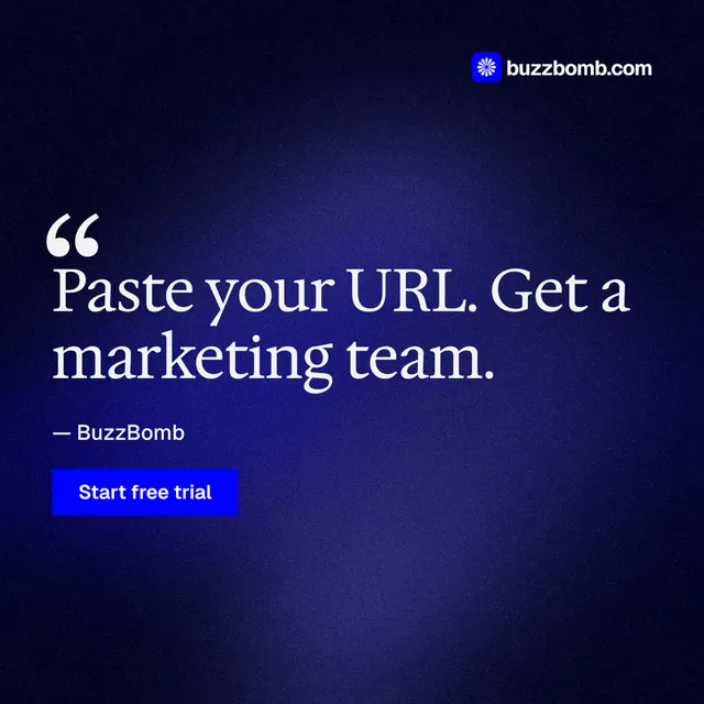 Instagram post for BuzzBomb: "Paste your URL." Swiss style, quote layout, dark palette in black, blue.