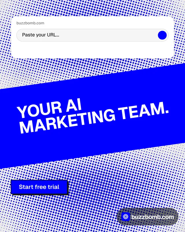 Instagram portrait post for BuzzBomb: "Your AI marketing team." Brutalist style, diagonal layout, light palette in blue, white.
