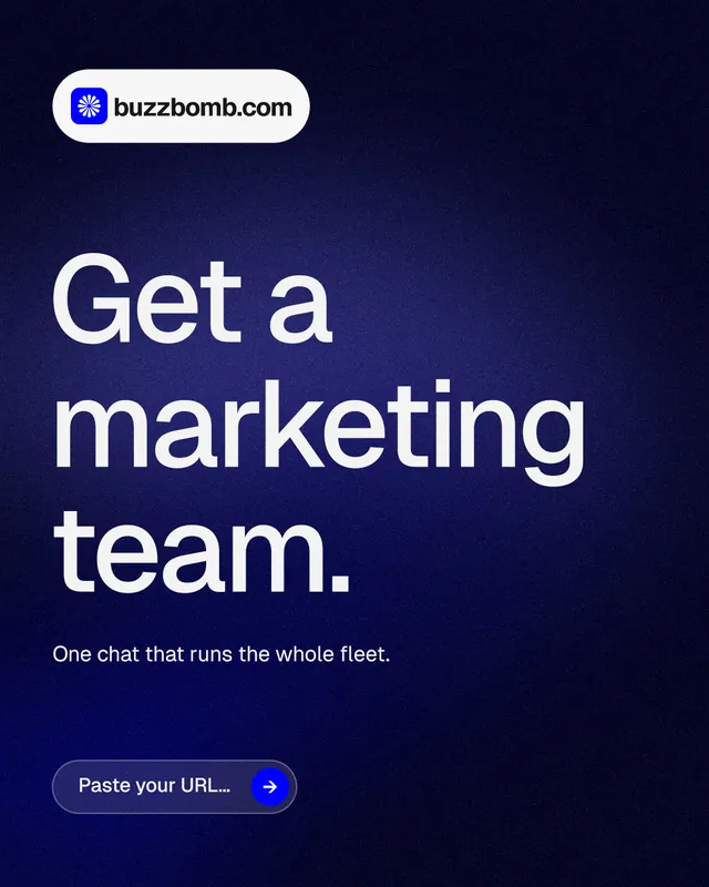 Instagram portrait post for BuzzBomb: "Get a marketing team." Agentic glass style, announce layout, dark palette in blue, black, grey.