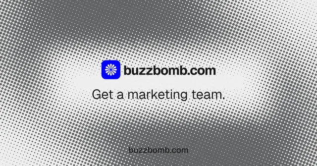 Social ad for BuzzBomb: "Get a marketing team." Swiss style, end card layout, light palette in grey, white.