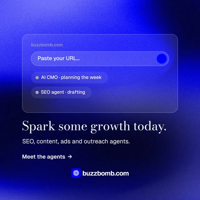 Instagram post for BuzzBomb: "Spark some growth today." Minimal luxury style, bottom layout, dark palette in blue.
